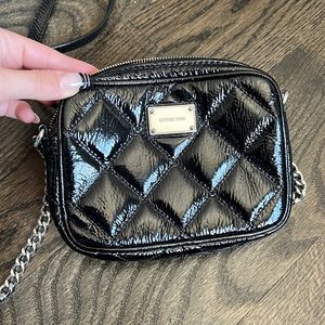 Michael Kors black patent leather quilted crossbody with silver hardware